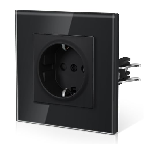 BSEED Tomada de parede com vidro, tomadas recarregáveis padrão, instalação com gancho, segurança infantil, série E, 1 tomada, 86 mm preto