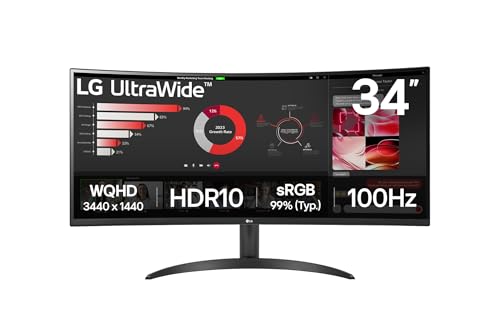 LG 34WR50QK-B Monitor UltraWide curvo, 34", QHD: (3440x1440px), 21:9, ADM FreeSync Premium, multifuncional, preto