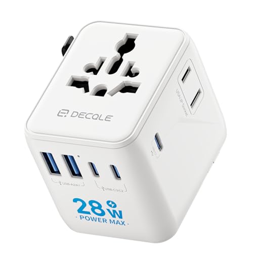 decqle Adaptador de tomada universal, adaptador de viagem com 3 USB-C (28 W), 2 USB-A e 2 AC, adaptador universal para UE, Reino Unido, americano, Canadá, Austrália e 224 país(branco)
