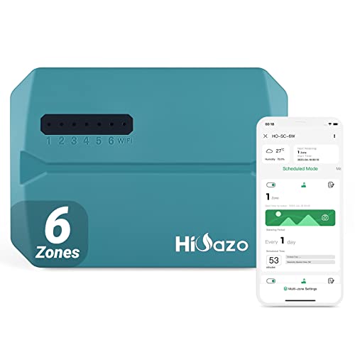 HiOazo Programador de rega WiFi, sistema de rega de 6 zonas, rega automática para jardim, temporizador de rega, controlo de aplicações, ajuste sazonal, sensor de chuva compatível, HO-SC-6W