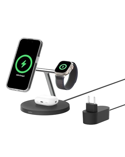 Belkin BoostCharge Carregador Qi2 3 em 1, estação de carregamento sem fios com MagSafe, base de carregamento Qi2 para iPhone 16 Series, Apple Watch, AirPods, suporte antiderrapante, fonte de