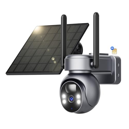 SEHMUA 4G LTE Câmara de vigilância solar exterior com cartão SIM, 2K HD câmara de visão 360° com bateria PTZ, visão noturna colorida e detecção PIR humana, IP66 sem WiFi