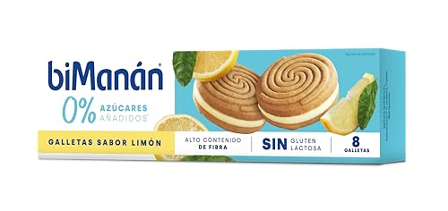 BiManán - Bolacha de limão, adição de 0% açúcares, alto conteúdo de fibra, sem glúten, caixa de 8 unidades (126 g)