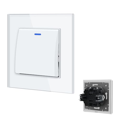 BSEED Interruptor de luz com LED branco, 10 A 1 gangue 3 vias interruptor de luz embutido com luz de controlo LED, interruptor luz de parede com moldura de vidro, interruptor com clipes para sala de