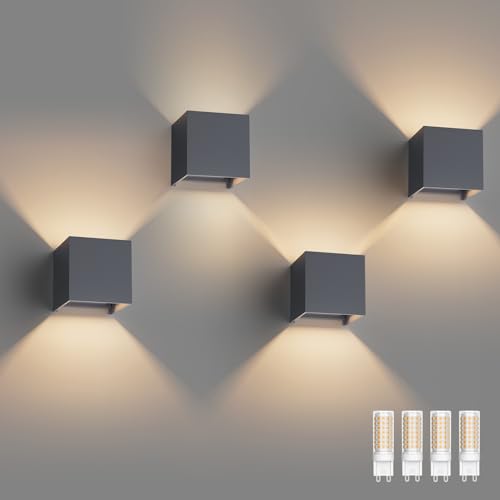 Klighten 4 peças aplique parede LED com lâmpadas substituíveis G9 LED, branco quente 3000 K candeeiro de parede interior / exterior IP54 ângulo ajustável candeeiro de parede, antracite