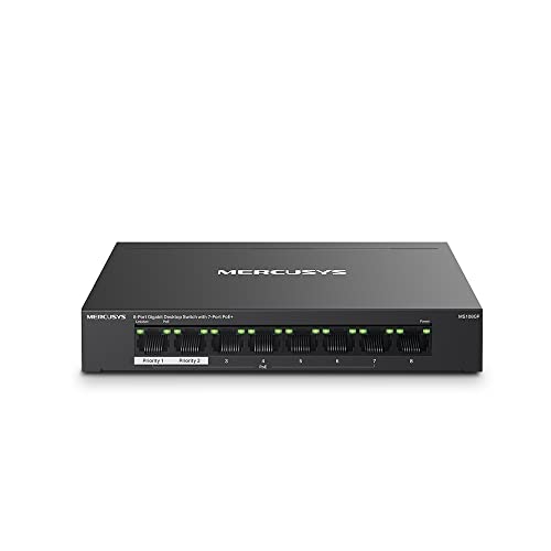 MERCUSYS MS108GP Switch Gigabit RJ45 de 8 portas, 7 PoE portas, transmissão PoE até 250 m, LAN Ethernet 10/1000 Mbps, Plug and Play, pequeno, capa de plástico