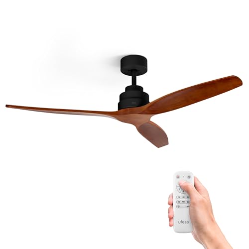 Ufesa Ventoinha de teto CFTB, 40 W, 6 velocidades, ultra silenciosa, 3 pás de madeira natural, 132 cm, função de verão, inverno, temporizador 8h, controlo remoto, preto, madeira escura