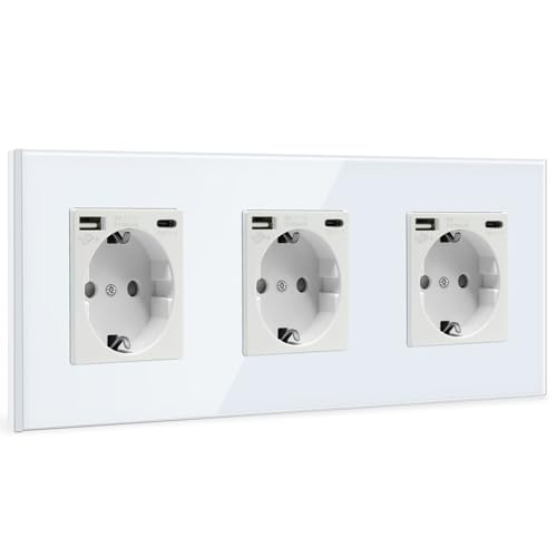 BSEED Tomada de parede tripla USB (máx. 2,1 A) com Tipo C Port, branco Schuko tomada, tomada de energia com 2 x carregadores USB e Tipo C adequado para Smartphone MP3 Tablet, para cozinha, quarto