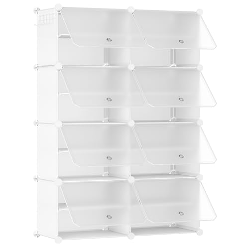 HOOBRO Armário de sapateira, 8 compartimentos, sapatos modulares, prateleiras de plástico, com porta, compartimento 40 x 30 x 30 cm, para sala de estar, corredor, entrada, branco e transparente