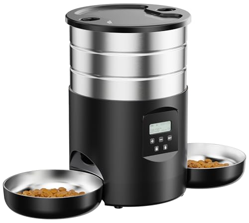 Alimentador de gato automático duplo tigelas: Dispensador comida gatos aço inoxidável - 5 L alimentador cão com temporizador programável para interior - doseador de ração para pequeno / médio animal