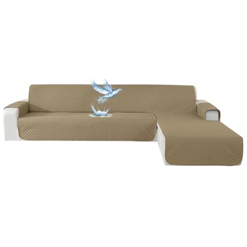 YSTELLAA Impermeável capa sofá Chaise Long 3 lugares, cobertura sofá haise longa esquerda/direita universal reversível, anti-gato e cão animal de estimação, protetor antimanchas e resistente, caqui