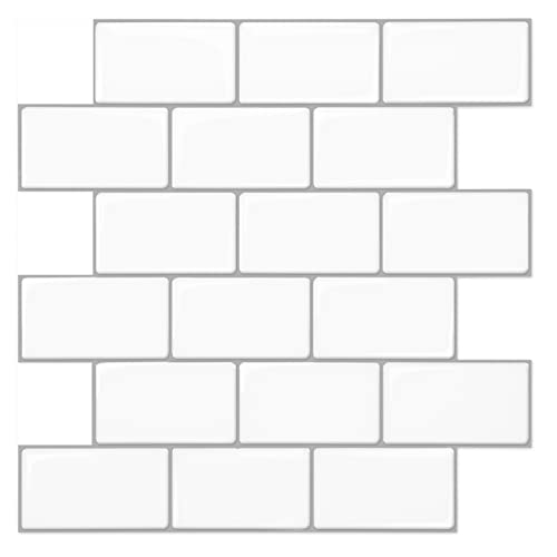Art3d 10 peças azulejos autocolantes cozinha branca, azulejos de vinil para cozinha e casa de banho, autocolantes decorativos para azulejos (30 x 30 cm)