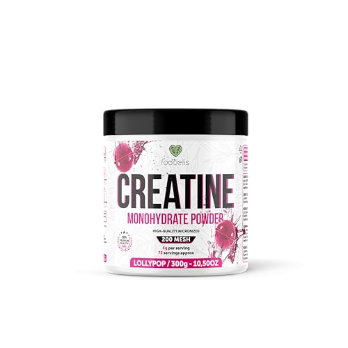 Foodelis Creatina monohidratada 300 g em pó – sabor Lollypop – alta pureza – desempenho físico e recuperação – matéria-prima premium, vegana, absorção rápida.