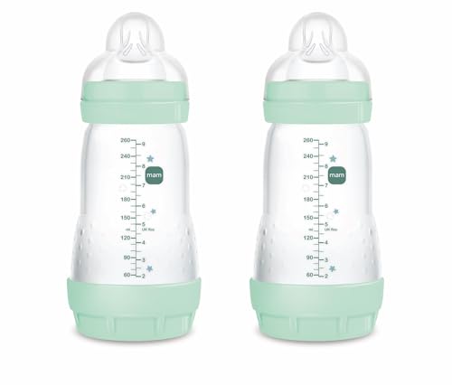 MAM Embalagem de 2 biberões anticólicos, 2-4 meses, 260 ml, com Tetina 2 fluxo médio de silicone de fácil aceitação, auto-esterilizável e fácil de limpar, MAM Easy Start Anti-Colic, azul brilhante, 2