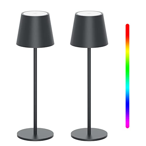 K-Bright 2 peças LED candeeiro de mesa recarregável, candeeiro sem fios 8 cores regulável candeeiro tátil, impermeável IP54 candeeiro exterior, adequado para interiores e exteriores (antracite)