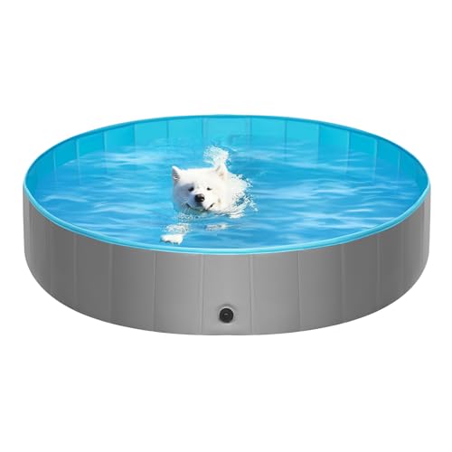 EUGAD Piscina dobrável para cães, banheira para cães, piscina de verão para cães e gatos, banheira portátil para animais de estimação de PVC e PP, tommee 140 x 30 cm, azul-escuro cinzento escuro