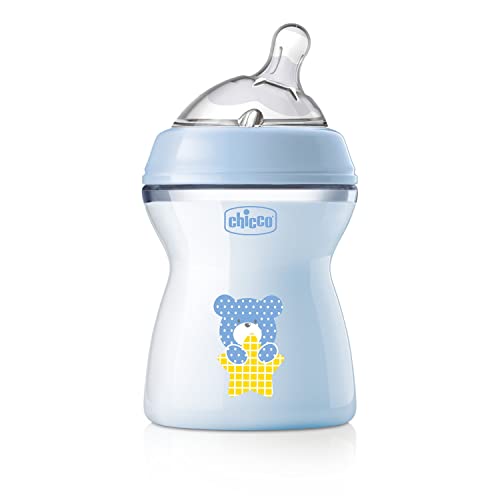 Chicco NaturalFeeling Biberão anticólicas 2 meses, 250 ml, com cetina inclinada de silicone macia e dupla válvula anticólica, alimentação natural e amamentação mista, azul
