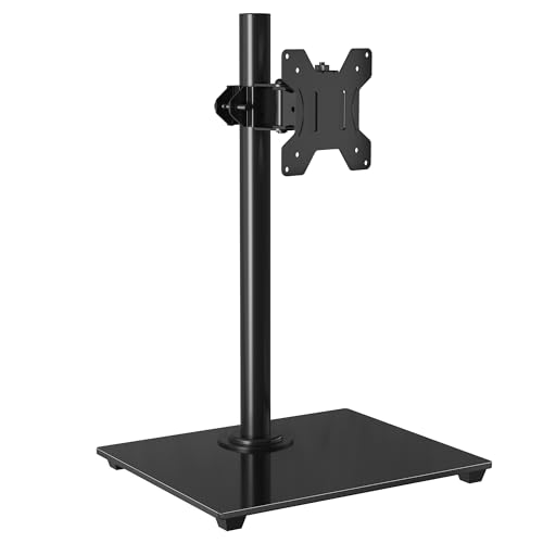 BONTEC Suporte monitor de braço único para ecrã de 13 a 32 polegadas, suporte para monitor com rotação de inclinação e ajustável em altura, até 10 kg, base de vidro temperado, VESA 75/100 mm