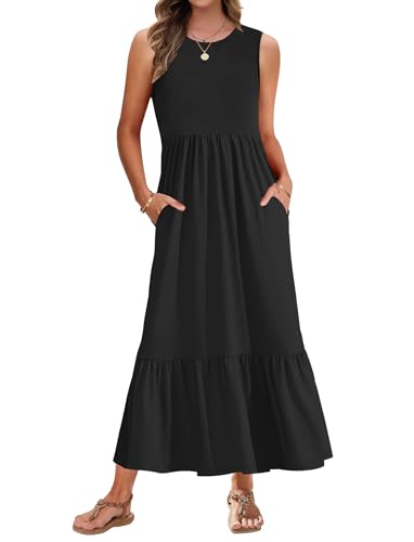 AUSELILY Vestido longo verão mulher decote redondo vestido casual sem mangas vestidos maxi verão praia com bolsos