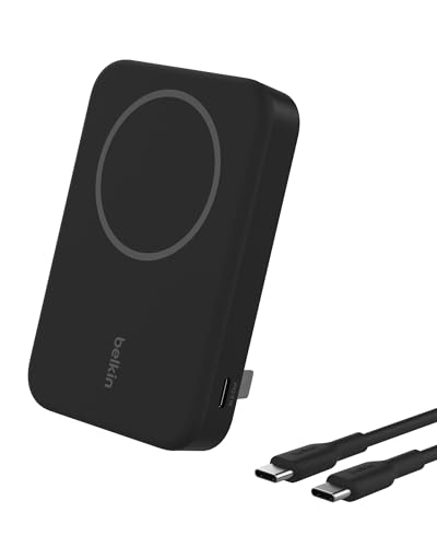 Belkin BoostCharge Pro bateria externa sem fios de 8000 mAh com Qi2, carregador portátil compatível com MagSafe suporte cavalete, iPhone 16, 16 Plus, 16 Pro, 16 Pro Max, iPhone 15 e outros, preto