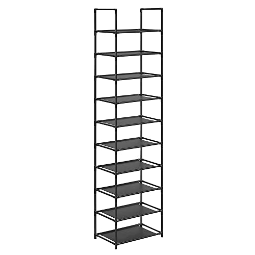 SONGMICS Sapateira, organizador de sapatos, 10 saias, sapato aberto estreito, 28 x 45 x 173 cm, moldura de metal, prateleiras de tecido não tecido, para corredor, quarto, preto LSH010B02