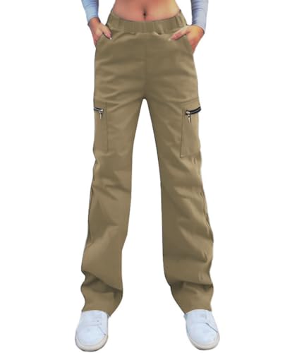 Nuofengkudu Anchous Calças cargo mulher elásticas cintura alta fecho de correr bolsos compridos soltos calças trabalho jovem moda confortável punk gótico casual Street Pants
