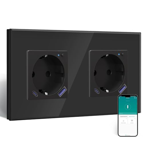 BSEED Tomada ZigBee com carregador rápido USB C 20 W com medição de corrente, chuko WLAN embutida para Alexa/Google Home, tomada inteligente de 16A, 2 gangue preta (requisito de gateway hub)
