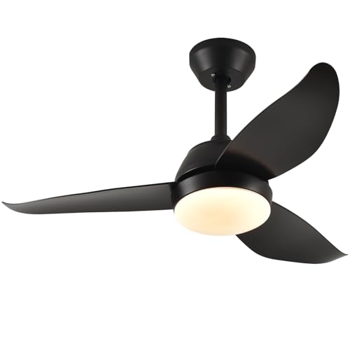 snsok Ventoinha de teto com luz silenciosa, motor DC, 6 velocidades, 3 cores, temporizador, modo de risa natural, altura dupla, ideal para o verão e inverno (preto, 92 cm)