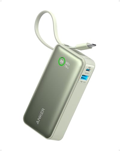 Anker Nano Powerbank 10.000 mAh Powerbank com cabo USB-C integrado, PD de 30 W de potência máxima com 1 x USB-C & A, compatível com iPhone 15 séries, MacBook, Galaxy, iPad, AirPods e muito mais (verde