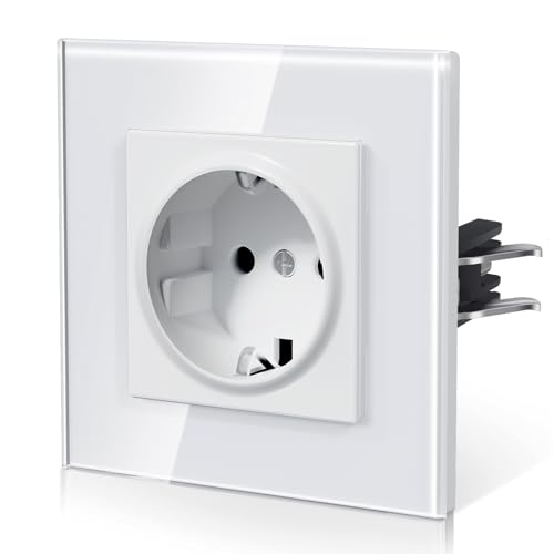 BSEED Tomada de parede com vidro, tomadas recarregáveis padrão, instalação com gancho, segurança infantil, série E, 1 tomada, 86 mm branco