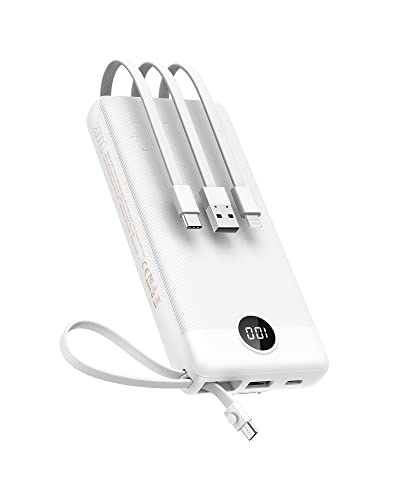 Power Bank 20000 mAh, VEEKTOMX Bateria externa USB C carregador portátil com cabos integrados, 5 saídas e 2 entradas Powerbank compatível com iPhone/Samsung/Huawei/Tablet, viagem essencial (branco)