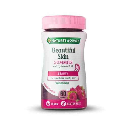 Nature's Bounty Beautiful Skin Gummies | com ácido hialurónico , vitaminas C, E, zinco e biotina, suplemento para pele, cabelo e unhas, sabor framboesas, 60 Gominolas