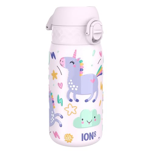 ion8 Garrafa de água Inox leve para crianças, 400 ml, sem isolamento, à prova de fugas, fácil de abrir, fechadura segura, adequada para máquina de lavar louça, tampa rebatível, fácil de limpar