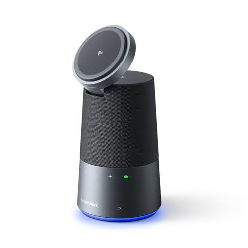 AnkerWork S600 All-in-One Speakerphone, Bluetooth Speaker com Microphone, Qi2 15W Wireless Charging, AI Noise Cancelling, 70° ajustável Magnetic Phone Stand, 360° Sound, 16H Built-in Battery
