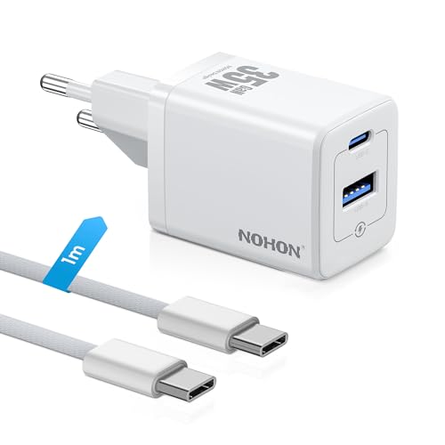NOHON Carregador USB C rápido: 35 W GAN carregador USB C, carregador de carregamento rápido com 1 M cabo Typ-C de 60 W, 2 portas tomada USB C compatível com iPhone 15/15 Pro/15 Pro Max/14/13/12,