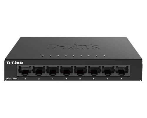 D-Link DGS-108GL Switch Gigabit 8 portas, sem gestão, 1000 megas por porta, Ethernet LAN, RJ-45, Plug&Play, perfil baixo, metálico, interruptor, hub, secretária, sem ventiladores, EEE 802,3 az, preto