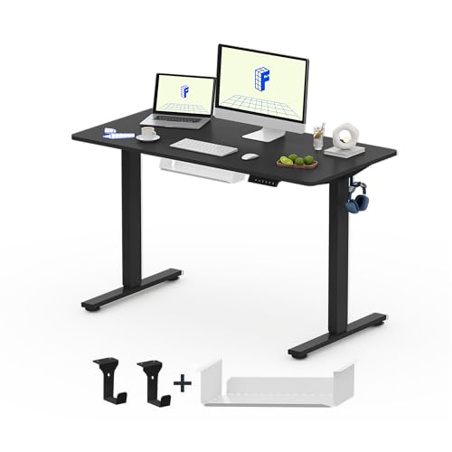 FLEXISPOT Secretária elevada secretária de elevação elétrica com placa inteira, 120 x 60 cm, Standing Desk secretária regulável em altura, mesa de elevação com ganchos prateleira e 4 botões de memória