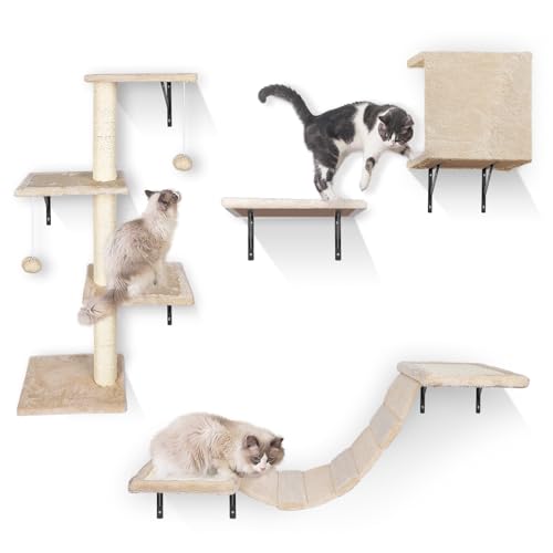 HEVOL Árvores para gatos, conjunto de 4 escadas de parede para gatos, escalador de parede suave para gatos com casa para gatos, ponte para gatos, cabide para gatos, raspador e árvore para gatos - bege