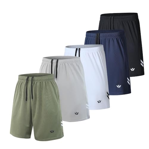 fovdtaa Pacote de 5 calções desportivos para homem com bolsos e cintura elástica, calções de treino de secagem rápida, calções de corrida