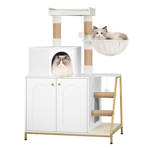 Hzuaneri Armário para gatos, moderna casa para gatos 4 em 1 com plataforma grande, armário de areia gato com tapete para aranhar, postes, escadas e pompom, almofadas laváveis, branco CB81013A