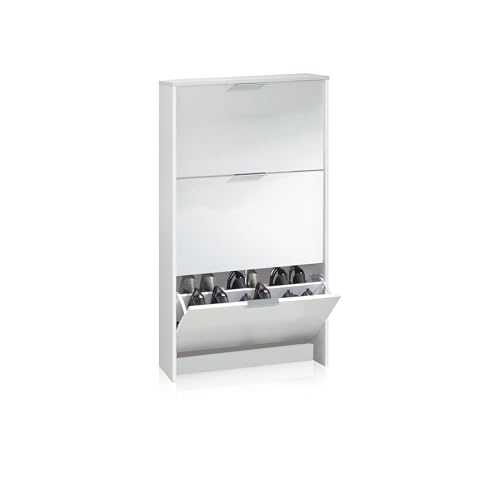 duehome | Sapateiro de 3 portas, sapato estreito, acabamento em cor branco brilho, modelo Remi, medidas: 60 cm (comprimento) x 113 cm (altura) x 22 cm (fundo)