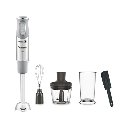 Moulinex Quickchef, Liquidificadora de mão com espátula, pé metálico, 1000 W, 10 velocidades, lâminas Powelix, picadora 500 ml, copo medidor 800 ml, cinzento DD655DES