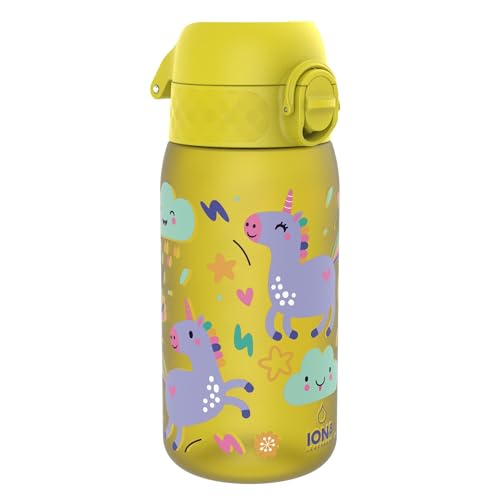 ion8 Garrafa de água para crianças, 350 ml, à prova de fugas, fácil de abrir, fechadura segura, adequada para máquina de lavar louça, sem BPA, alça de transporte, fácil de limpar, unicórnios, amarelo