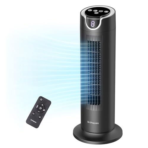 DR.PREPARE Ventoinha silenciosa 25 dB motor DC 12 W ventilador torre de mesa 8 velocidades 7 m/s temporizador oscilação 80 ° modo Sleep com controlo remoto para quarto escritório camper secretária