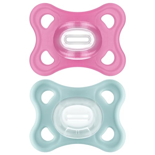 MAM Chupeta de silicone total, 3-12 meses, com étina simétrica, extra pequena e gola fina de silicone Skin Soft Silicone de fácil aceitação, com caixa auto-esterilizadora, MAM Comfort, rosa, 2
