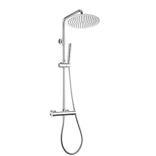 Görbach Coluna duche com torneira térmica Set chuveiro aço INOX 304 com misturador térmico sistema chuveiro com chuveiro de mão e rodada chuva cromado D25 cm
