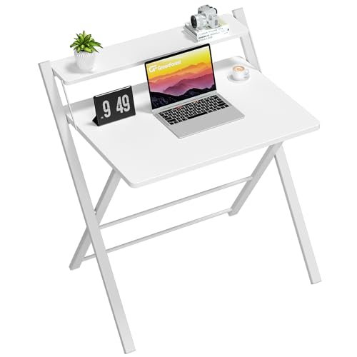 GreenForest Mesa dobrável com prateleira de monitor, mesa de escritório de tamanho pequeno sem montagem, mesa pequena para espaço pequeno, branco