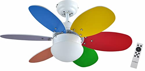 Bastilipo - Ventilador de teto com motor DC, controlo remoto, 75 cm, 6 pás, multicolor/branco, luz LED de 3 tons, BOLONIA DC