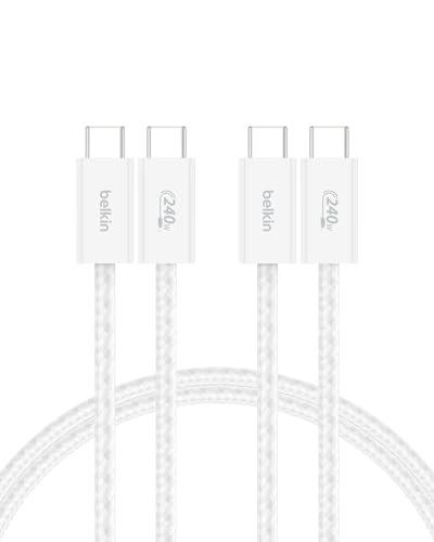 Belkin Embalagem de 2 cabos trançados USB-C para USB-C de 1,5 m (240 W), carregamento rápido, cabos de alimentação flexíveis USB tipo C para iPhone 16 e 15, Galaxy S25, Pixel 9, iPad Pro e outros