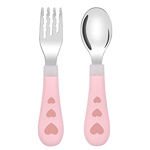 Vicloon Garfo e colher de aço inoxidável para crianças, talheres infantis com caixa antipoeira, utensílios para crianças pequenos garfo e colher para bebé. (coração rosa)